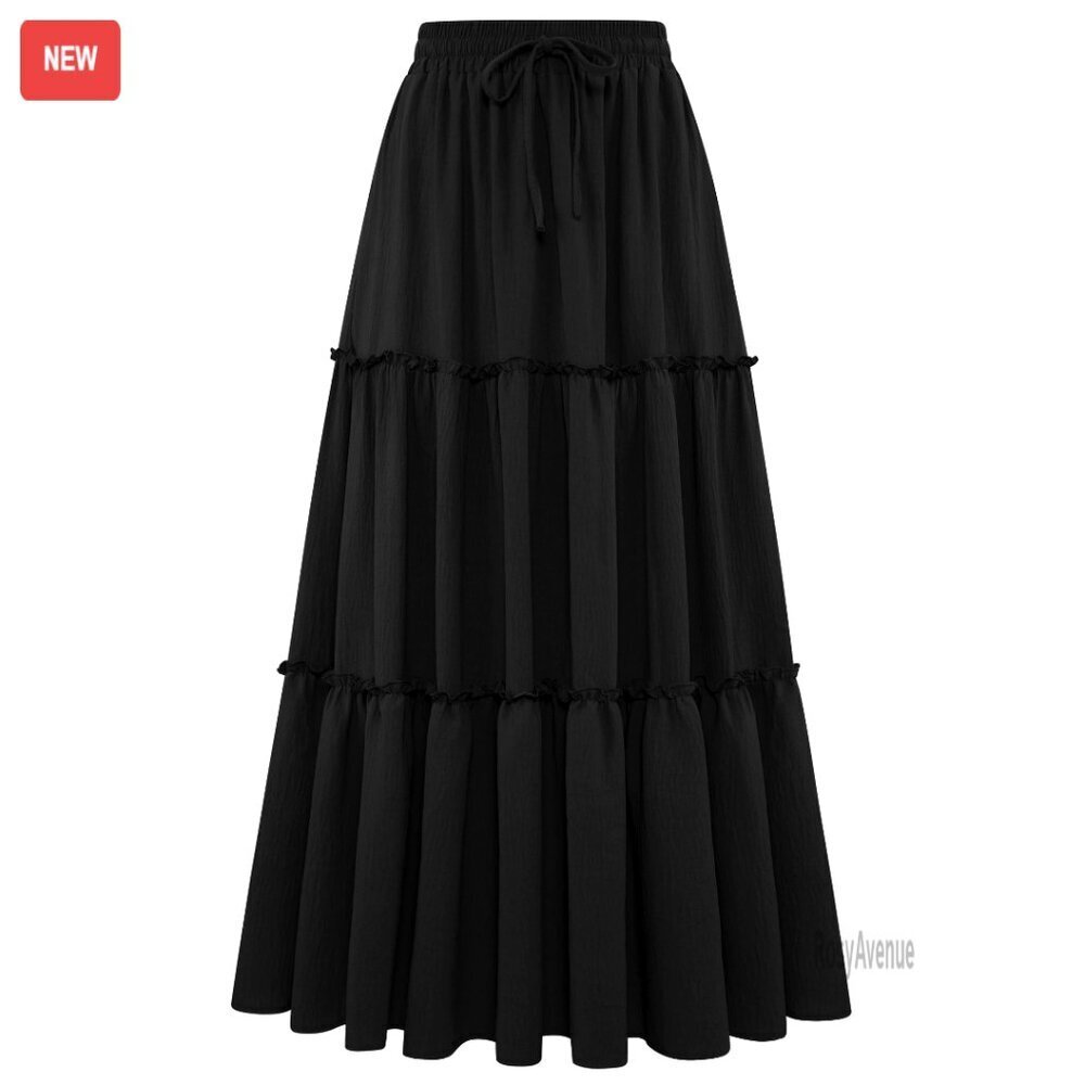Maxi Skirt High Waist Pleated Ruffle Flowy with Pockets Women's Summer